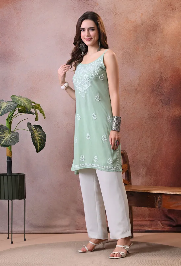 Syrish_Sea_Green_Hand_Embroidered_Chikankari_Spaghetti_Strap_Kurti