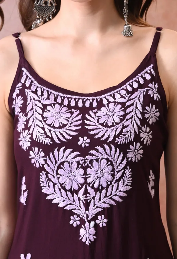 Syrish_Wine_Hand_Embroidered_Chikankari_Spaghetti_Strap_Kurti