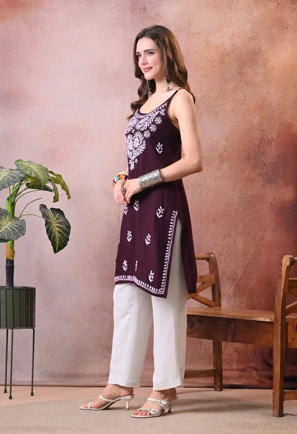 Syrish_Wine_Hand_Embroidered_Chikankari_Spaghetti_Strap_Kurti