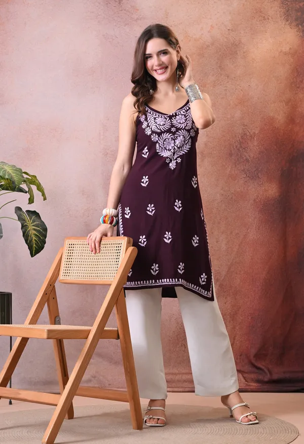 Syrish_Wine_Hand_Embroidered_Chikankari_Spaghetti_Strap_Kurti