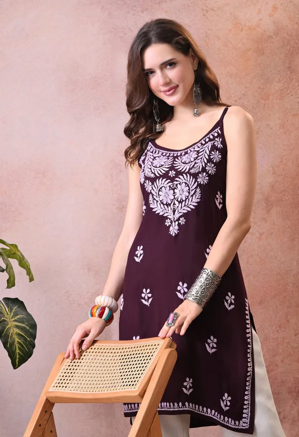 Syrish_Wine_Hand_Embroidered_Chikankari_Spaghetti_Strap_Kurti