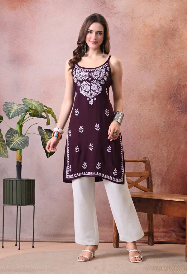 Syrish_Wine_Hand_Embroidered_Chikankari_Spaghetti_Strap_Kurti