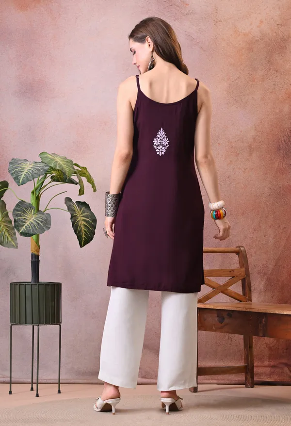 Syrish_Wine_Hand_Embroidered_Chikankari_Spaghetti_Strap_Kurti