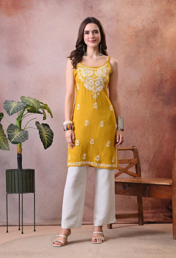 Syrish_Yellow_Hand_Embroidered_Chikankari_Spaghetti_Strap_Kurti
