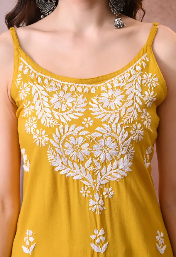 Syrish_Yellow_Hand_Embroidered_Chikankari_Spaghetti_Strap_Kurti