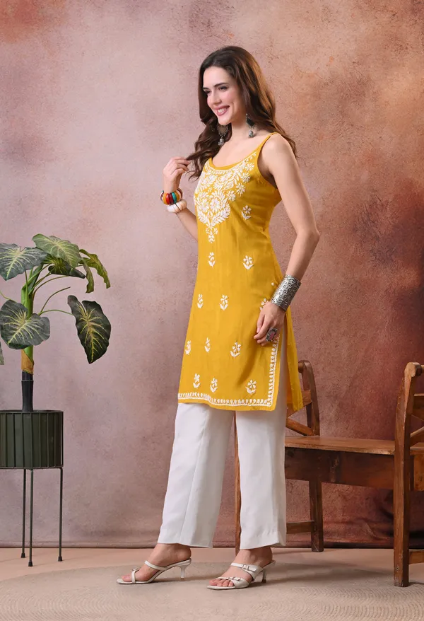 Syrish_Yellow_Hand_Embroidered_Chikankari_Spaghetti_Strap_Kurti