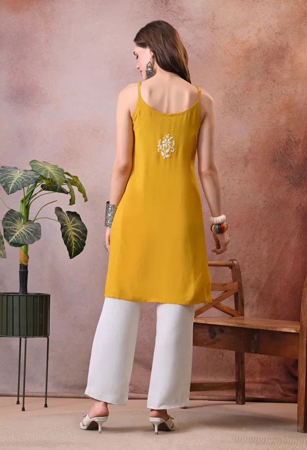 Syrish_Yellow_Hand_Embroidered_Chikankari_Spaghetti_Strap_Kurti