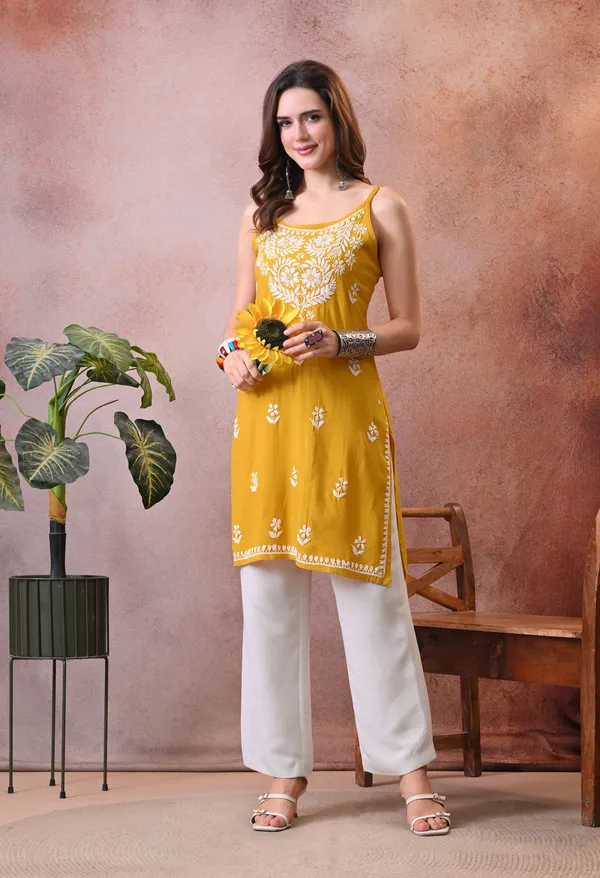 Syrish_Yellow_Hand_Embroidered_Chikankari_Spaghetti_Strap_Kurti