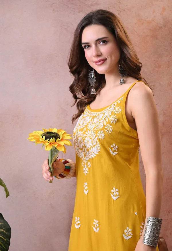 Syrish_Yellow_Hand_Embroidered_Chikankari_Spaghetti_Strap_Kurti