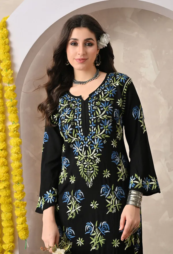 Syrish_Black_Rayon_Hand_Embroidered_Chikankari_Kurta_with_Rose_Floral_Motifs
