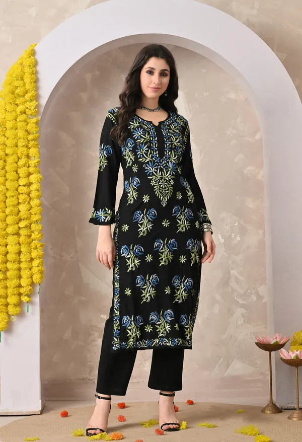 Syrish_Black_Rayon_Hand_Embroidered_Chikankari_Kurta_with_Rose_Floral_Motifs