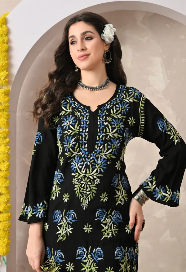 Syrish_Black_Rayon_Hand_Embroidered_Chikankari_Kurta_with_Rose_Floral_Motifs