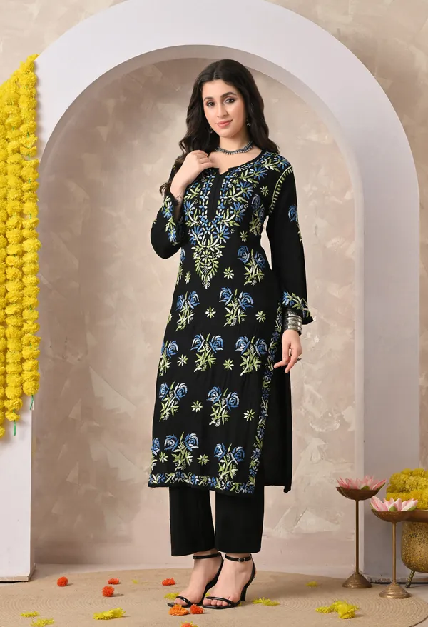 Syrish_Black_Rayon_Hand_Embroidered_Chikankari_Kurta_with_Rose_Floral_Motifs