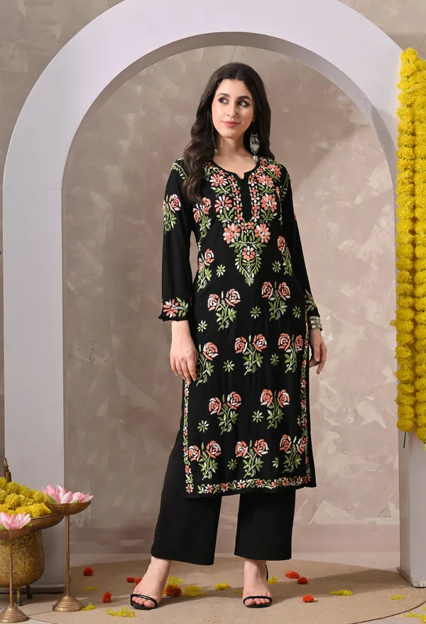 Syrish_Black_Rayon_Hand_Embroidered_Chikankari_Kurta_with_Rose_Floral_Motifs