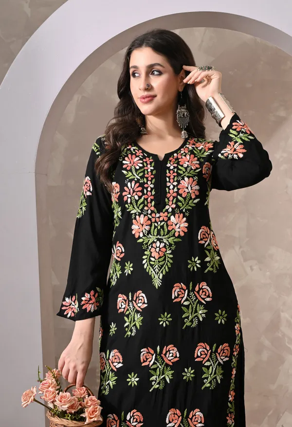 Syrish_Black_Rayon_Hand_Embroidered_Chikankari_Kurta_with_Rose_Floral_Motifs