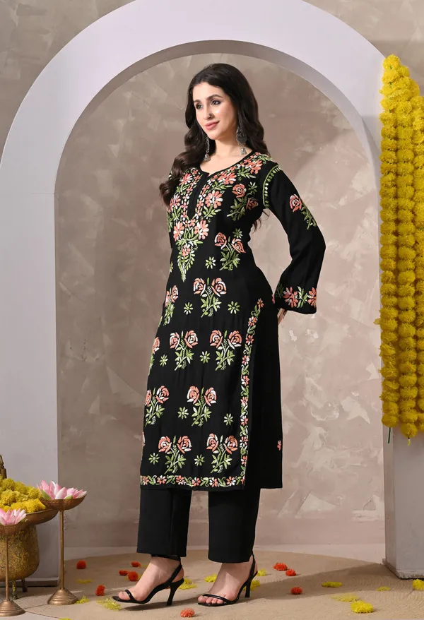 Syrish_Black_Rayon_Hand_Embroidered_Chikankari_Kurta_with_Rose_Floral_Motifs