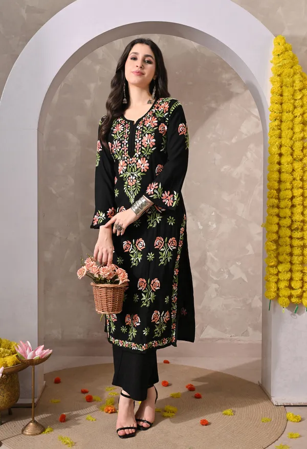 Syrish_Black_Rayon_Hand_Embroidered_Chikankari_Kurta_with_Rose_Floral_Motifs