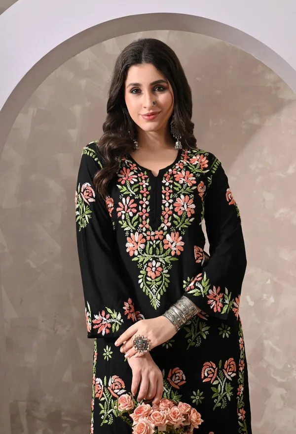 Syrish_Black_Rayon_Hand_Embroidered_Chikankari_Kurta_with_Rose_Floral_Motifs