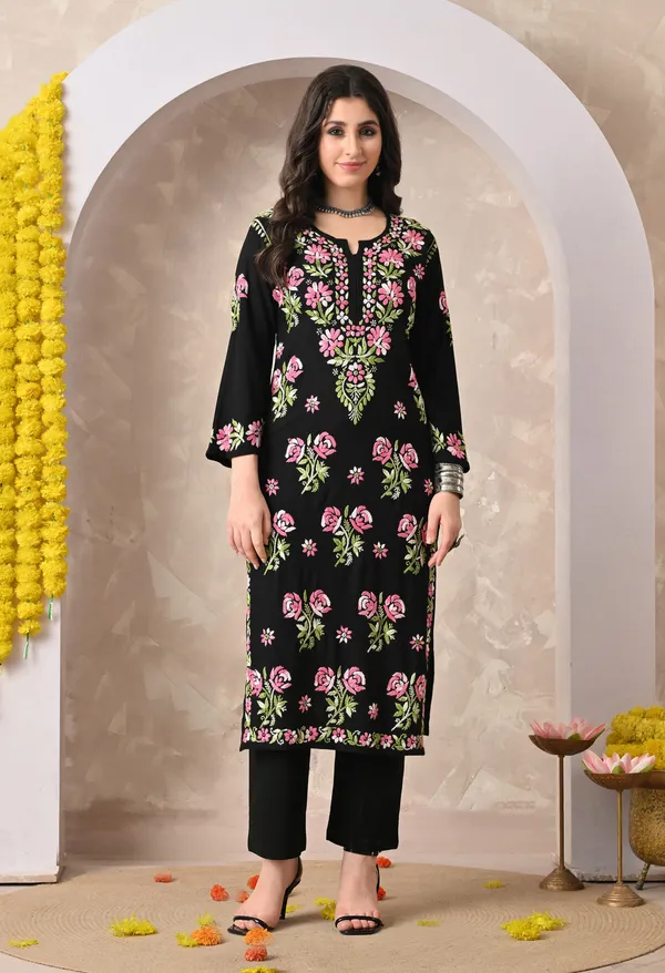 Syrish_Black_Rayon_Hand_Embroidered_Chikankari_Kurta_with_Rose_Floral_Motifs
