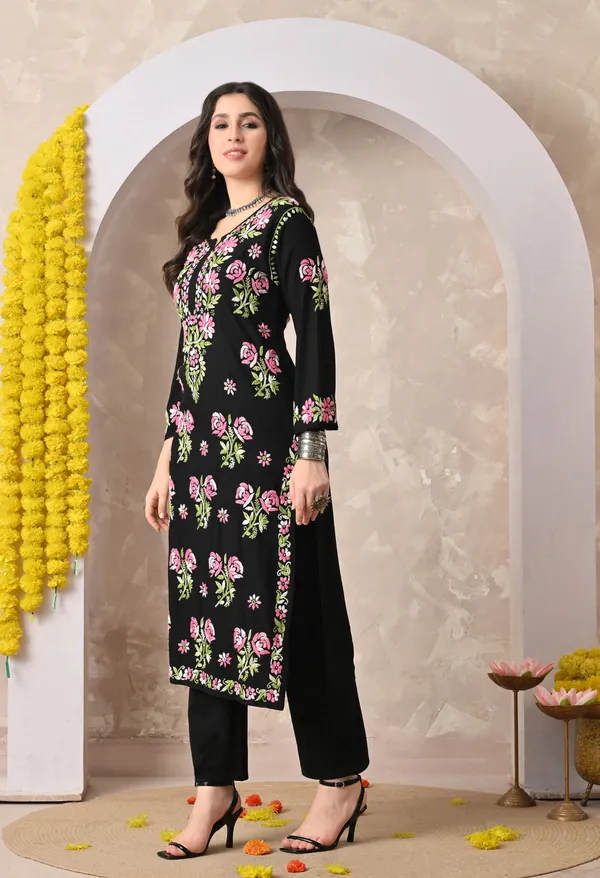 Syrish_Black_Rayon_Hand_Embroidered_Chikankari_Kurta_with_Rose_Floral_Motifs
