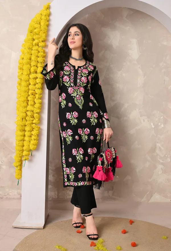 Syrish_Black_Rayon_Hand_Embroidered_Chikankari_Kurta_with_Rose_Floral_Motifs