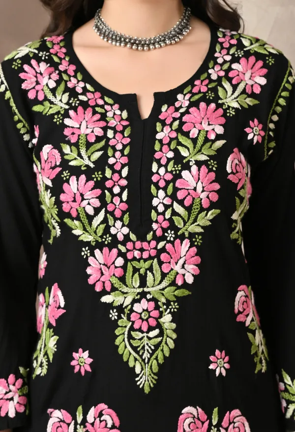 Syrish_Black_Rayon_Hand_Embroidered_Chikankari_Kurta_with_Rose_Floral_Motifs