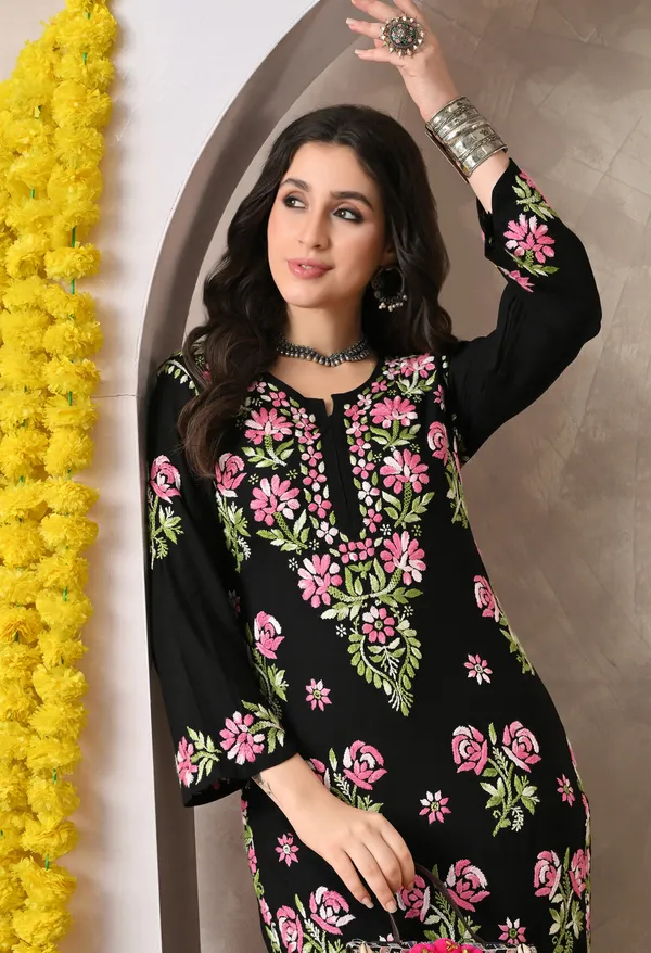 Syrish_Black_Rayon_Hand_Embroidered_Chikankari_Kurta_with_Rose_Floral_Motifs