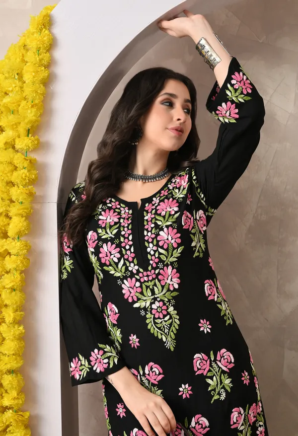Syrish_Black_Rayon_Hand_Embroidered_Chikankari_Kurta_with_Rose_Floral_Motifs