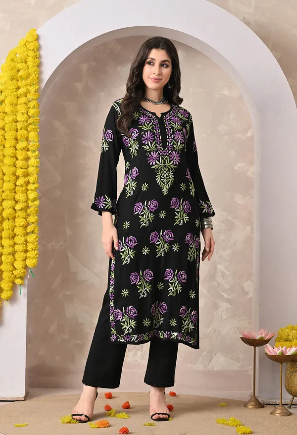Syrish_Black_Rayon_Hand_Embroidered_Chikankari_Kurta_with_Rose_Floral_Motifs