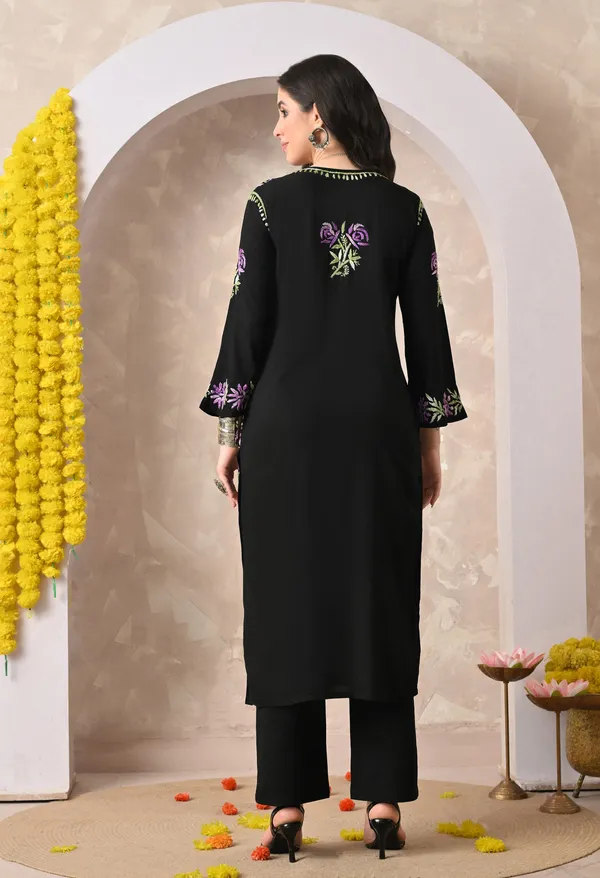 Syrish_Black_Rayon_Hand_Embroidered_Chikankari_Kurta_with_Rose_Floral_Motifs