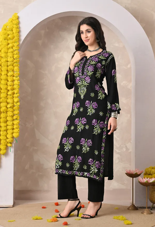 Syrish_Black_Rayon_Hand_Embroidered_Chikankari_Kurta_with_Rose_Floral_Motifs