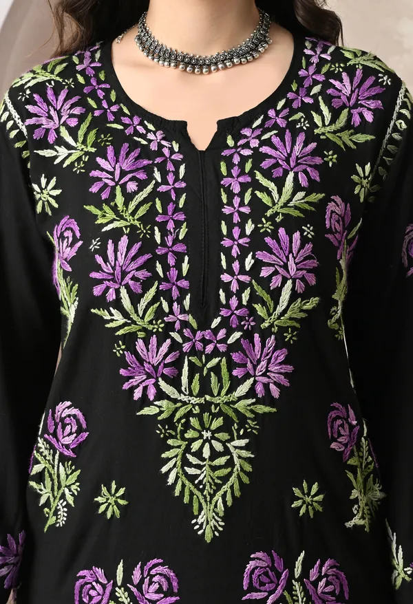 Syrish_Black_Rayon_Hand_Embroidered_Chikankari_Kurta_with_Rose_Floral_Motifs