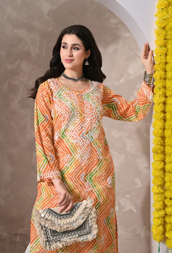 Syrish_Leheriya__Orange_Cotton_Hand_Embroidered_Chikankari_Kurta