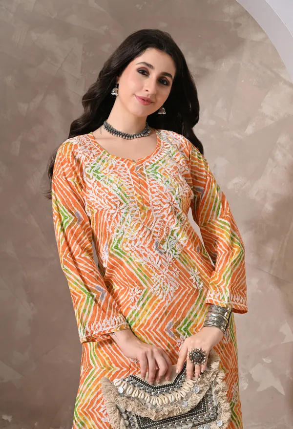 Syrish_Leheriya__Orange_Cotton_Hand_Embroidered_Chikankari_Kurta
