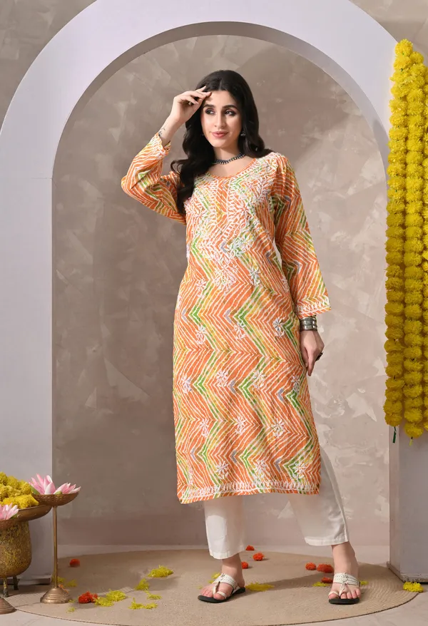 Syrish_Leheriya__Orange_Cotton_Hand_Embroidered_Chikankari_Kurta