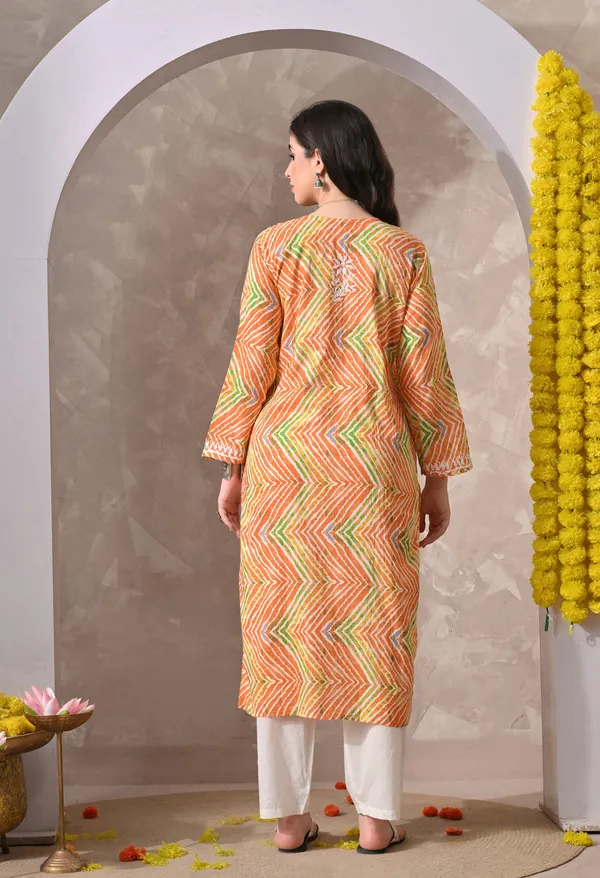 Syrish_Leheriya__Orange_Cotton_Hand_Embroidered_Chikankari_Kurta