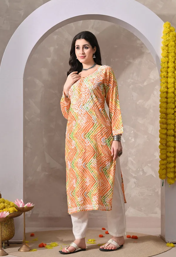 Syrish_Leheriya__Orange_Cotton_Hand_Embroidered_Chikankari_Kurta