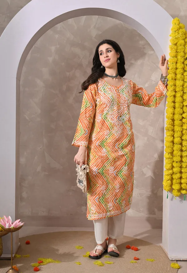Syrish_Leheriya__Orange_Cotton_Hand_Embroidered_Chikankari_Kurta