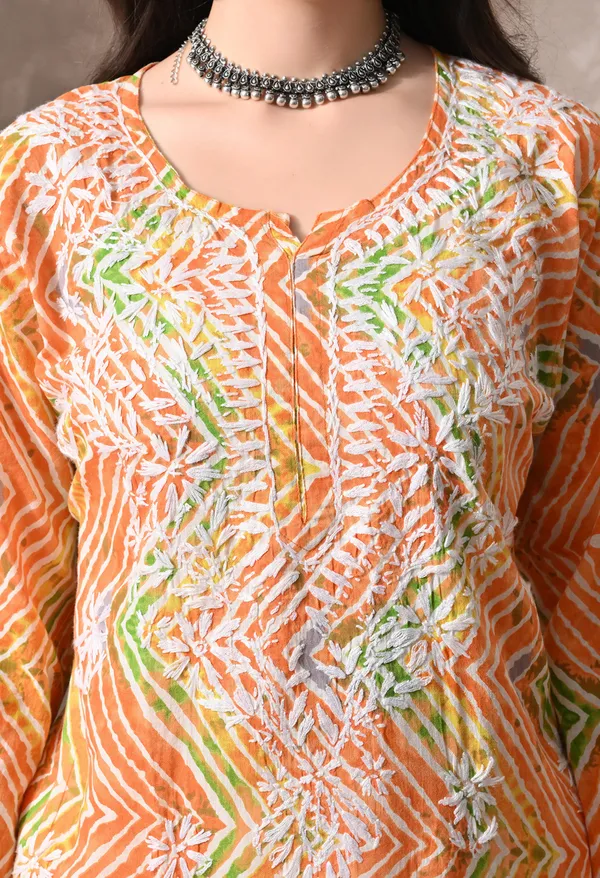 Syrish_Leheriya__Orange_Cotton_Hand_Embroidered_Chikankari_Kurta