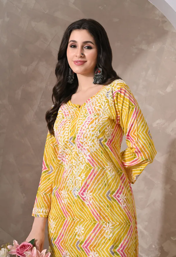 Syrish_Leheriya__Yellow_Cotton_Hand_EmbroideYellow_Chikankari_Kurta