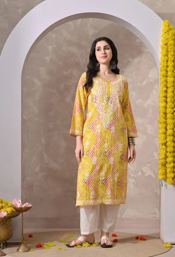 Syrish_Leheriya__Yellow_Cotton_Hand_EmbroideYellow_Chikankari_Kurta