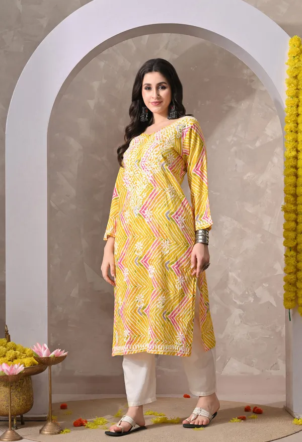 Syrish_Leheriya__Yellow_Cotton_Hand_EmbroideYellow_Chikankari_Kurta