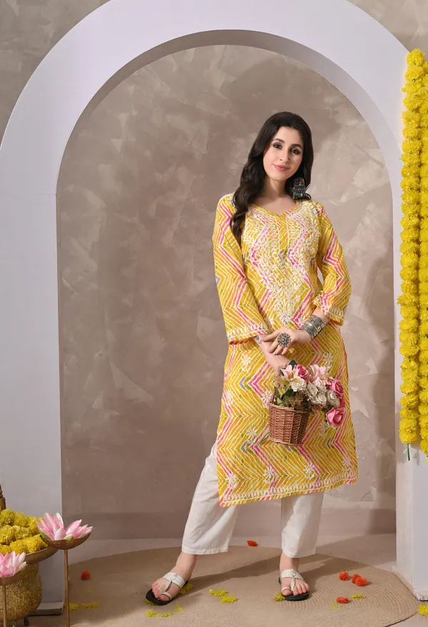 Syrish_Leheriya__Yellow_Cotton_Hand_EmbroideYellow_Chikankari_Kurta