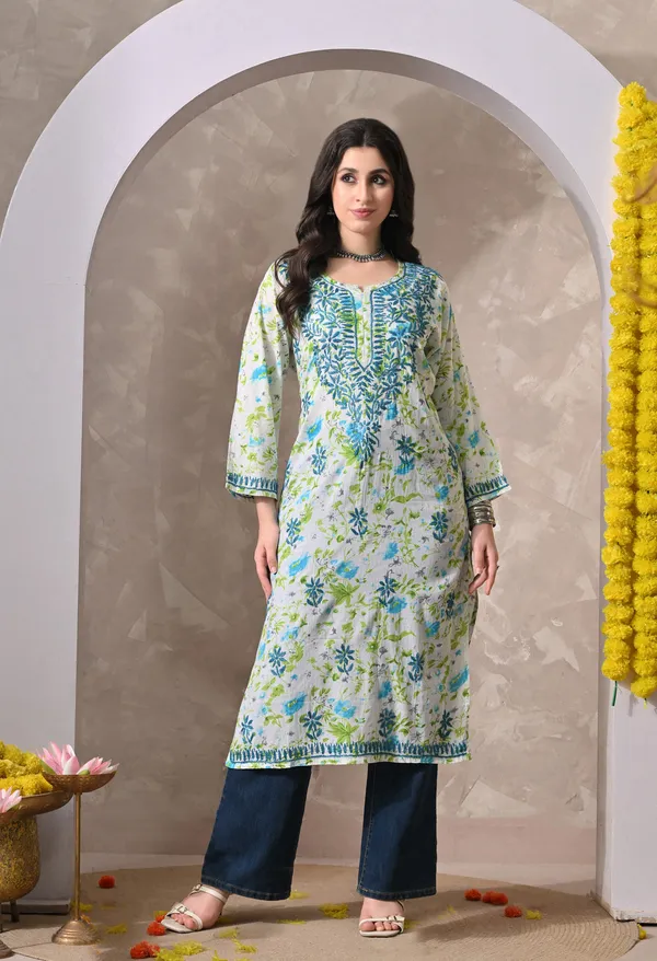 Syrish_Blue_Floral_Hand_Embroidered_Chikankari_Cotton_Kurta