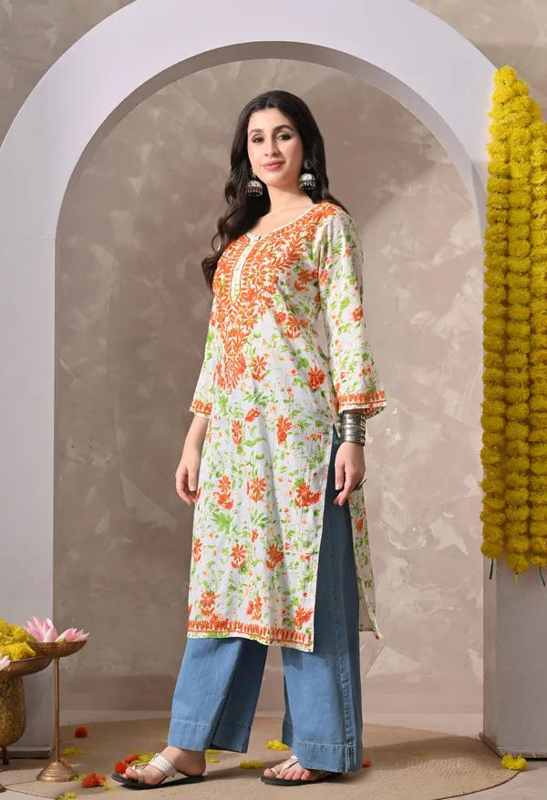 Syrish_Orange_Floral_Hand_Embroidered_Chikankari_Cotton_Kurta