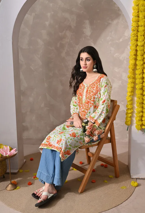 Syrish_Orange_Floral_Hand_Embroidered_Chikankari_Cotton_Kurta