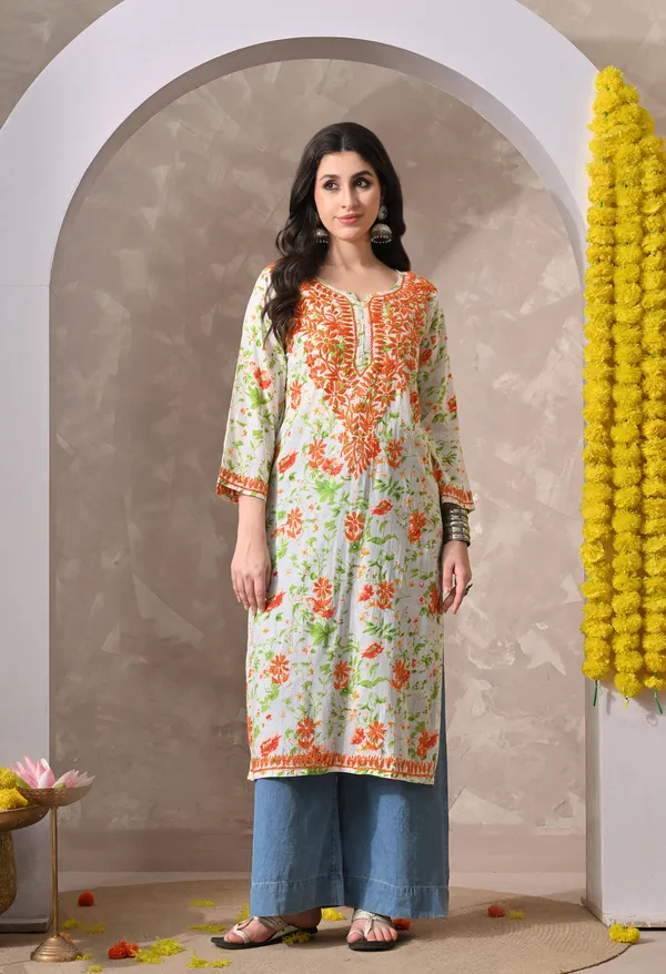 Syrish_Orange_Floral_Hand_Embroidered_Chikankari_Cotton_Kurta