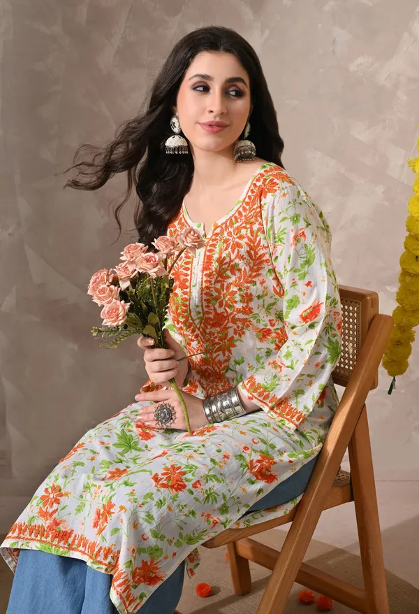 Syrish_Orange_Floral_Hand_Embroidered_Chikankari_Cotton_Kurta