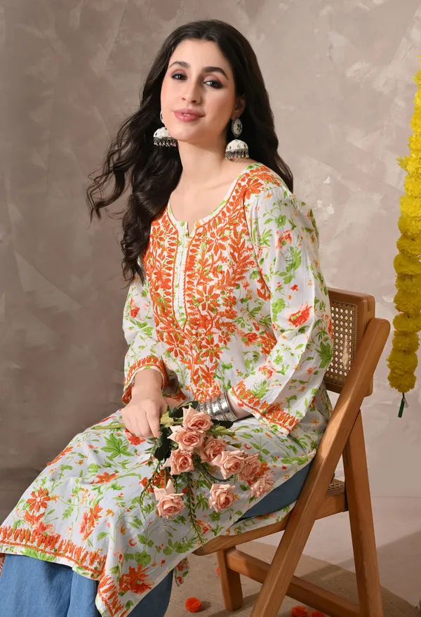 Syrish_Orange_Floral_Hand_Embroidered_Chikankari_Cotton_Kurta