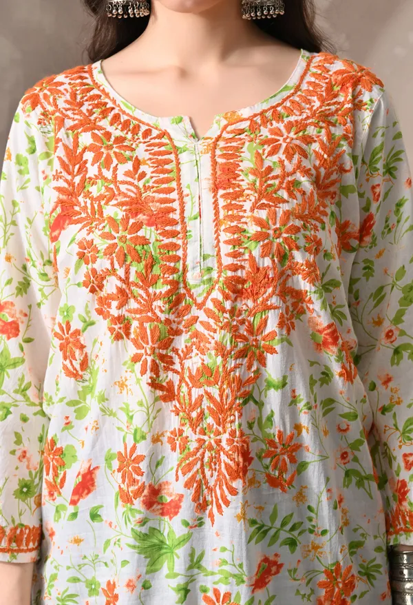 Syrish_Orange_Floral_Hand_Embroidered_Chikankari_Cotton_Kurta